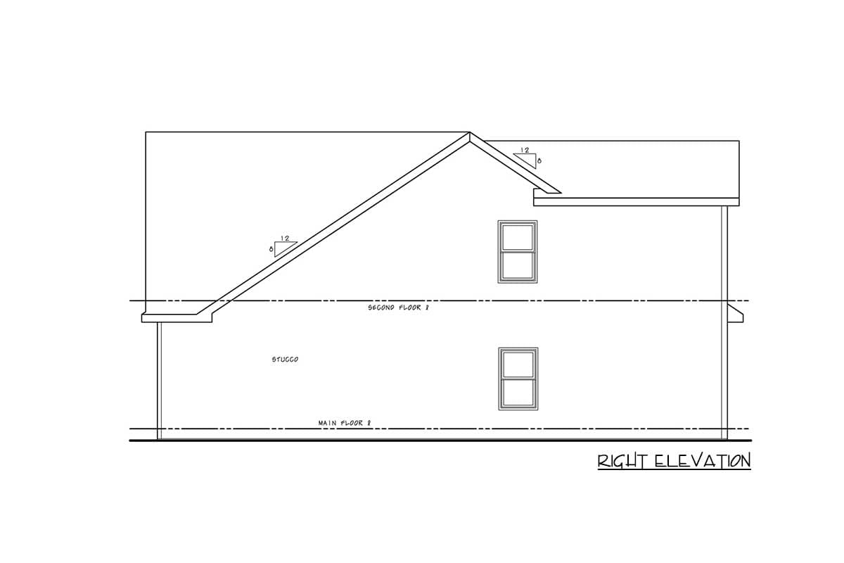Right elevation drawing of a two-story house plan with stucco siding, gabled roof, and two windows on each floor.