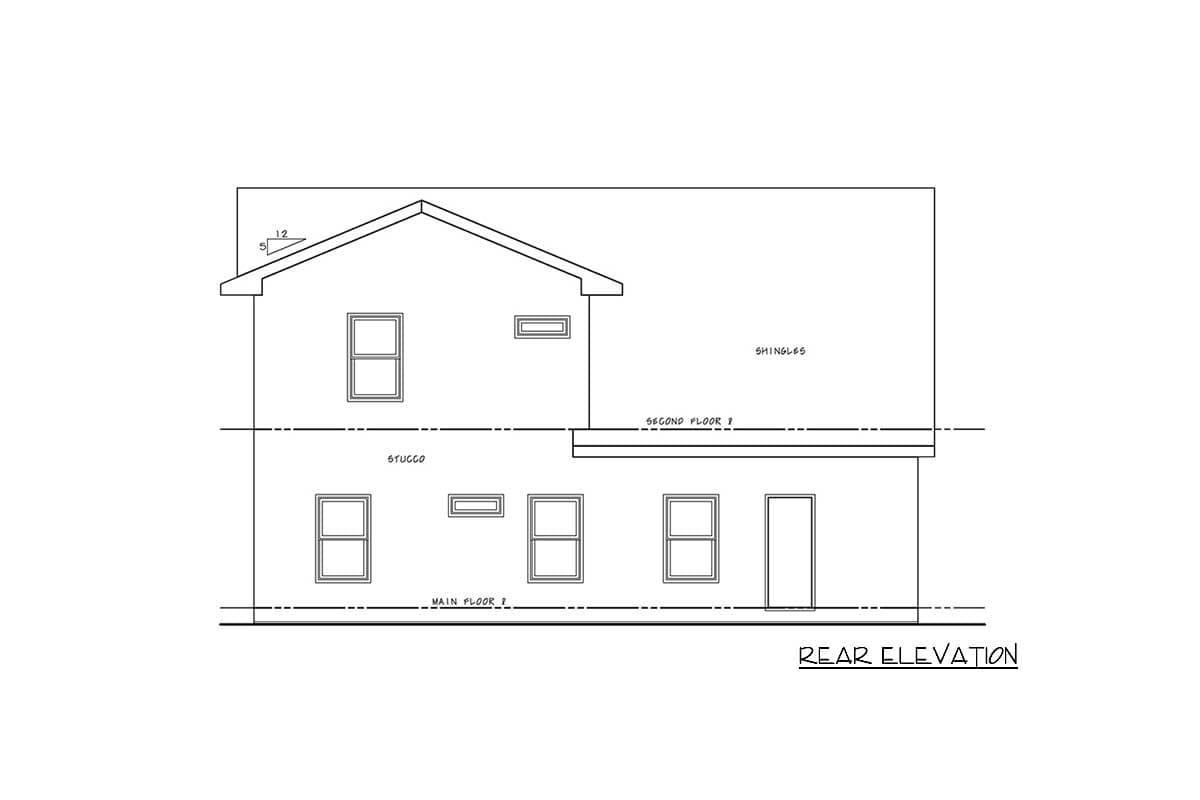 Rear elevation drawing of a two-story house with stucco exterior, multiple windows, and a gabled roof with shingles.
