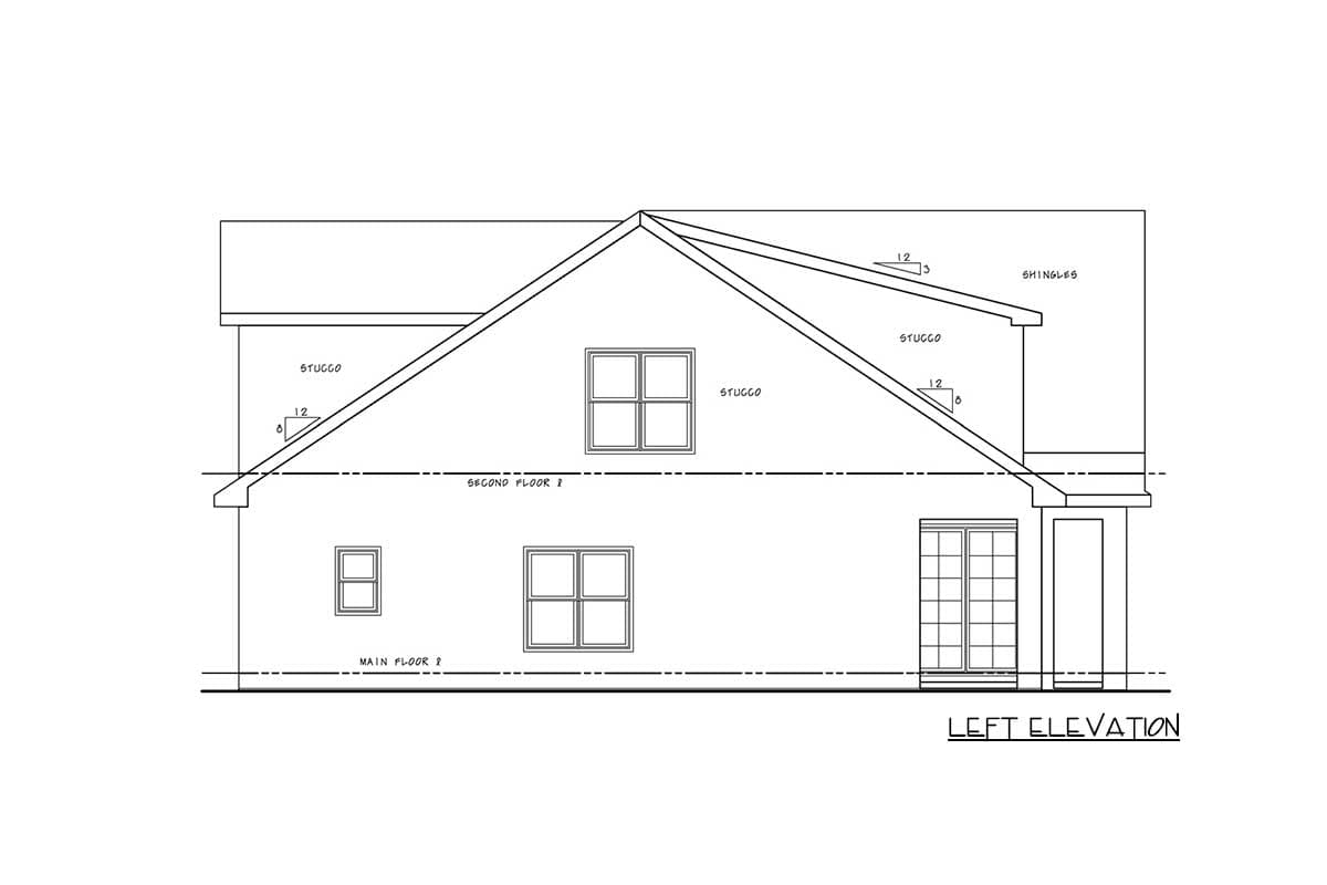 Left elevation drawing of a stucco house with a prominent gable roof, two stories, and multiple windows.