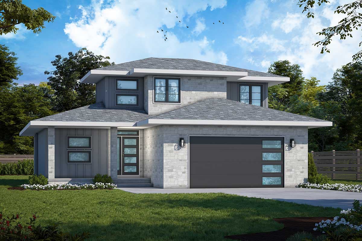 Modern house plan exterior with two stories, flat roof, and a two-car garage. Features include a covered entry and a mix of materials.