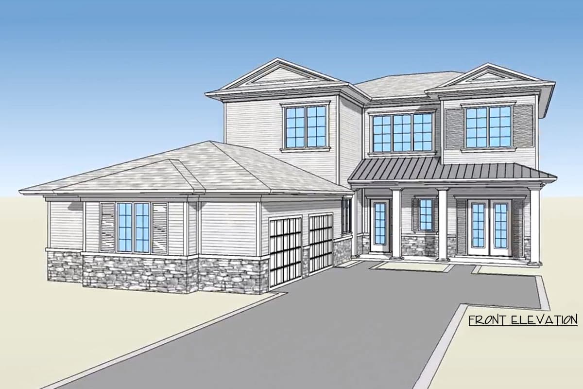 Front elevation house plan: Two-story home with attached three-car garage, stone accents, gabled dormers, and covered front porch.