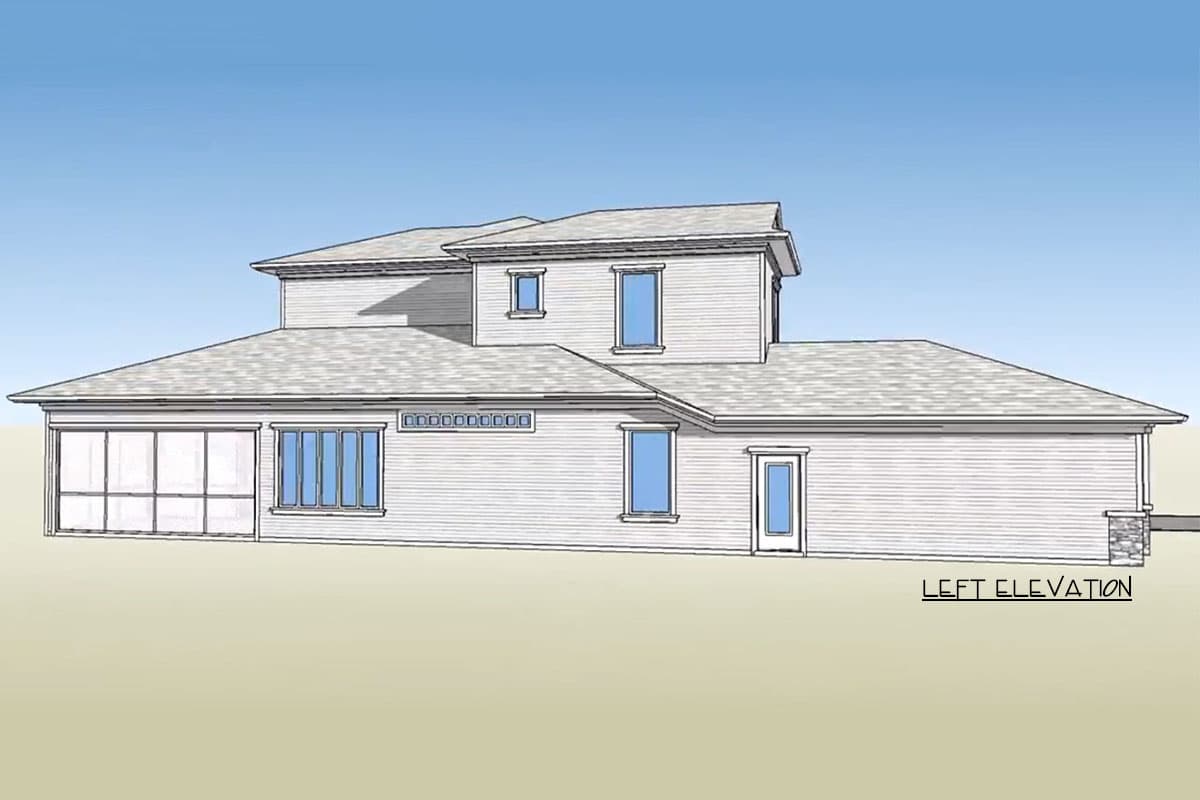 Left elevation house plan: Two-story with varied rooflines, garage door, windows, and a single door.