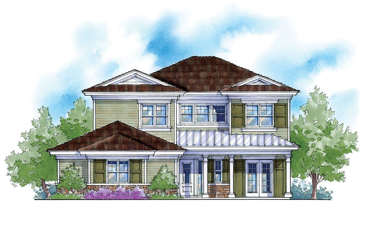 House plan exterior: Two-story, gabled rooflines, front porch with columns, layered gables, and multiple windows.
