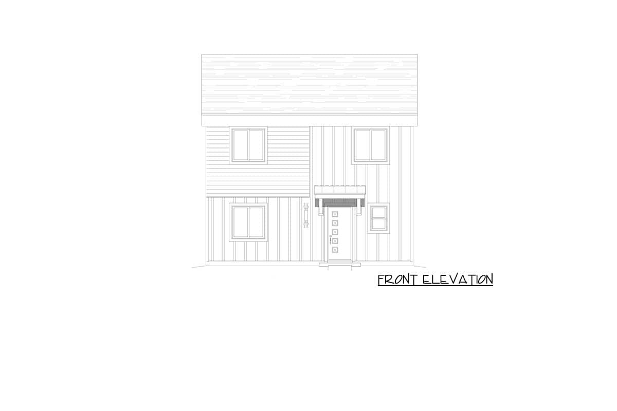Front elevation drawing of a two-story house with horizontal siding, vertical siding, and a covered entrance with five-panel door.