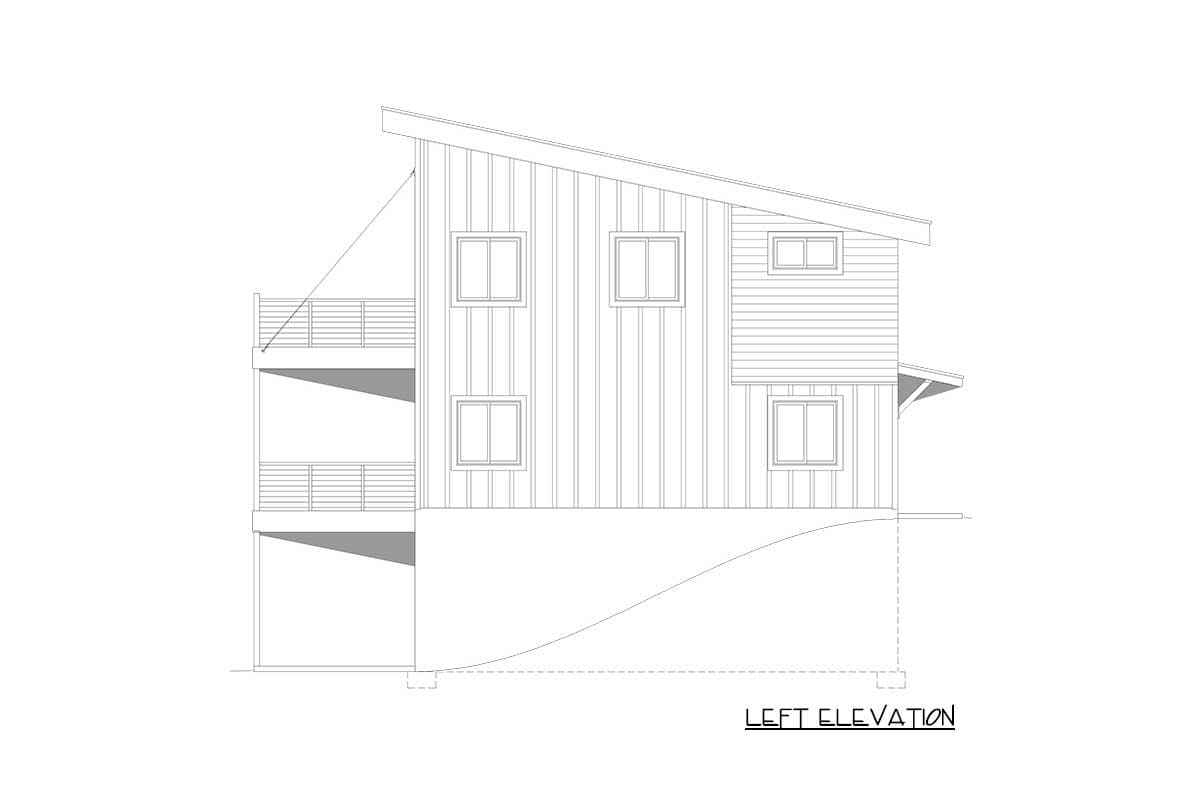 Left elevation drawing of a modern house plan with a sloped roof, vertical siding, and two cantilevered balconies.