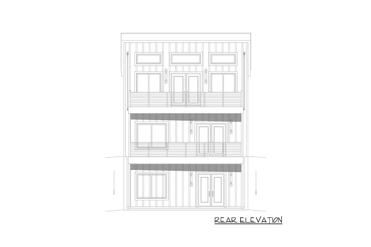 Rear elevation drawing of a three-story house plan with balconies, multiple windows, and double doors.