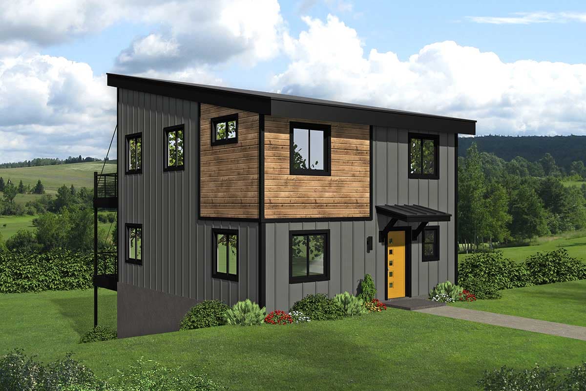 House plan exterior. Two-story modern design with shed roof, wood accent siding, and black-framed windows. Includes a small entry canopy.