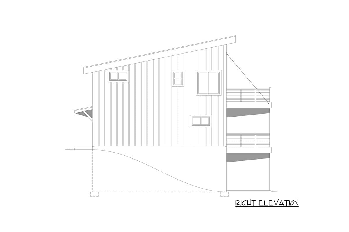 Right elevation drawing of a house plan with a sloped roof, vertical siding, multiple windows, and two balconies.