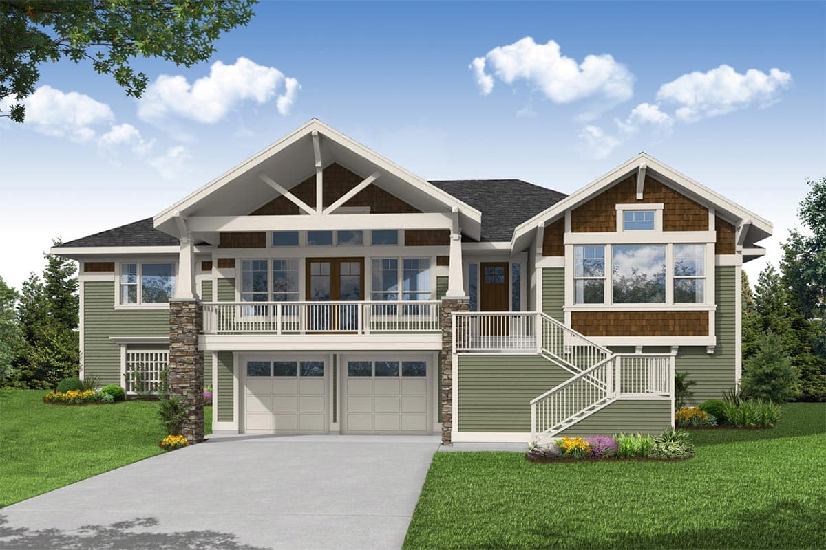 House plan exterior. Craftsman style, two stories. Features include a covered balcony, front-facing gables, and a two-car garage.