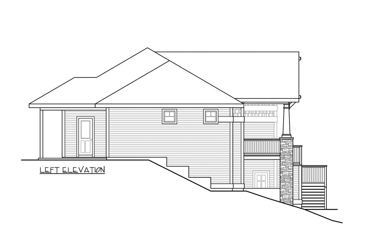 Left elevation house plan showing a multi-level structure with a covered porch, stone-clad pillar, and decks.