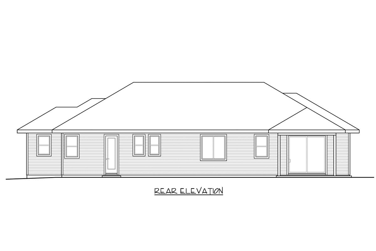 Rear elevation drawing of a single-story house plan with a single door, multiple windows, and sliding glass doors.