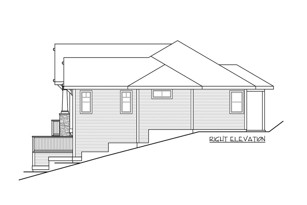 Right elevation drawing of a single-story house plan with a covered porch, horizontal siding, and multiple windows.