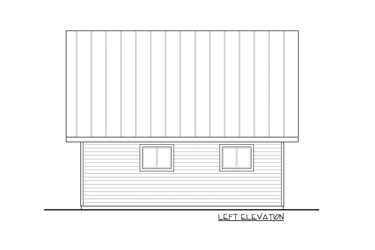 Left elevation house plan drawing with horizontal siding and a standing seam metal roof. Two windows are visible.