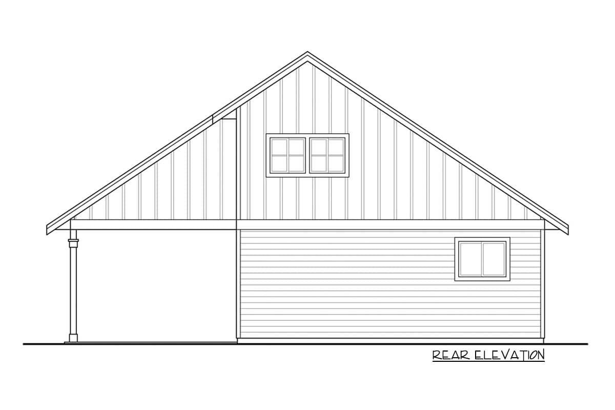 Rear elevation drawing of a house plan with a gable roof, a covered single-car carport, and two windows.