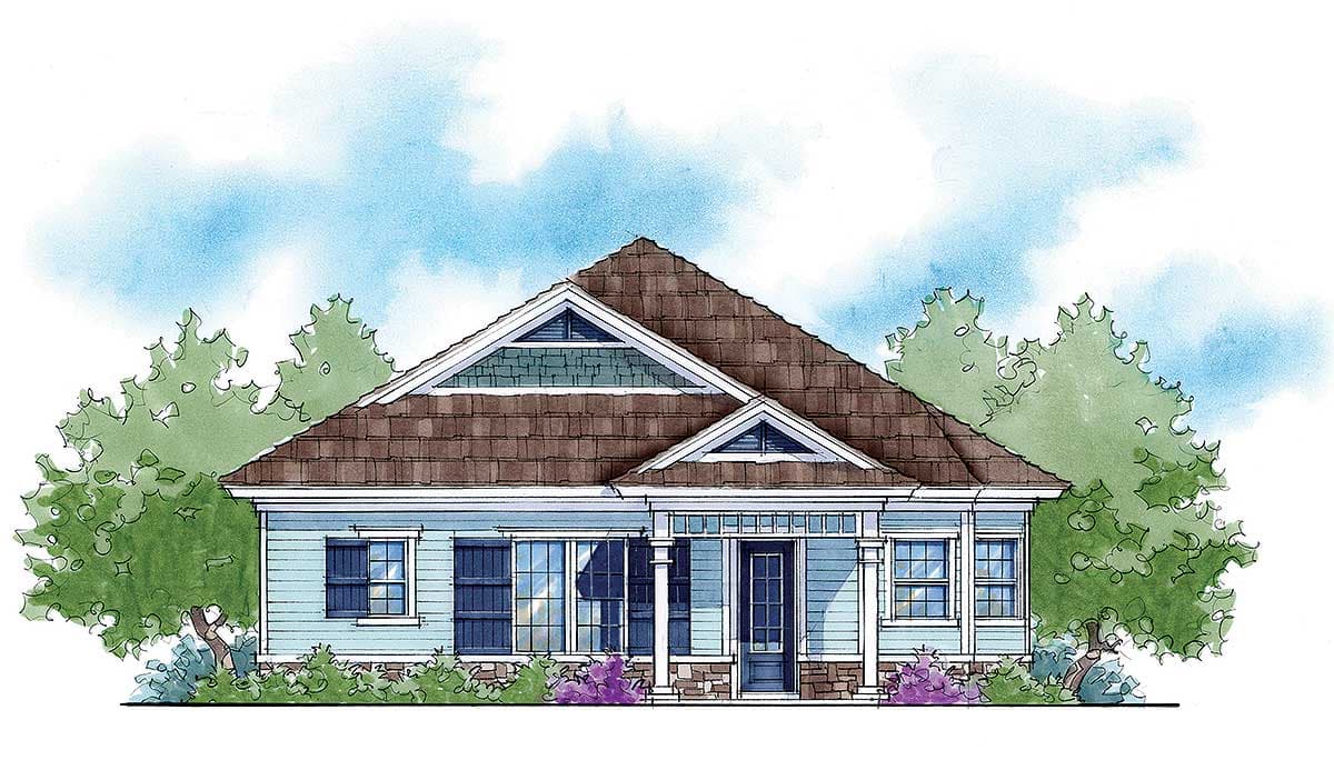 House plan exterior drawing of a single-story home with a prominent gable, dormer, covered front porch with columns, and stacked stone accents.