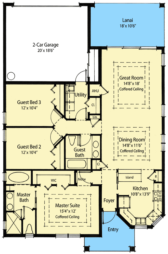 Plan 33036ZRX: Narrow Lot House Plan Under 50 Feet Wide with Alley-Access Garage - 1585 Sq Ft - Floor Plan - Main Level - Cottage, Southern