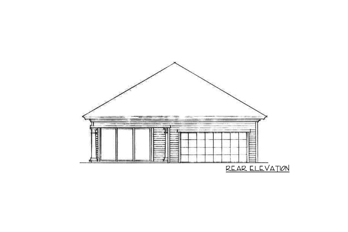 Rear elevation drawing of a house plan showing a garage door and large windows.