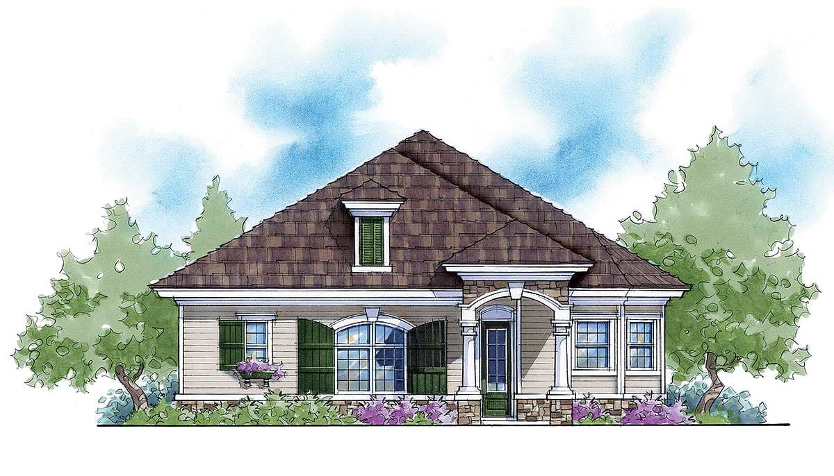 House plan exterior: One-story home with a prominent arched entry, stone accents, dormer window, and covered front porch.