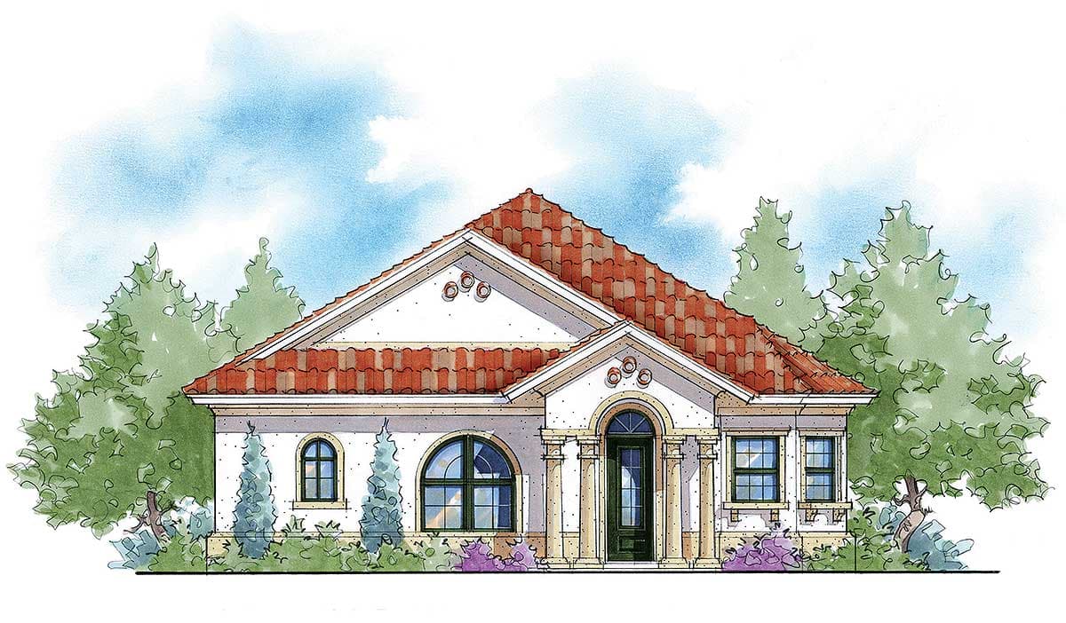 House plan exterior: Mediterranean style, one story, red tile roof, arched entryway with columns, arched windows.