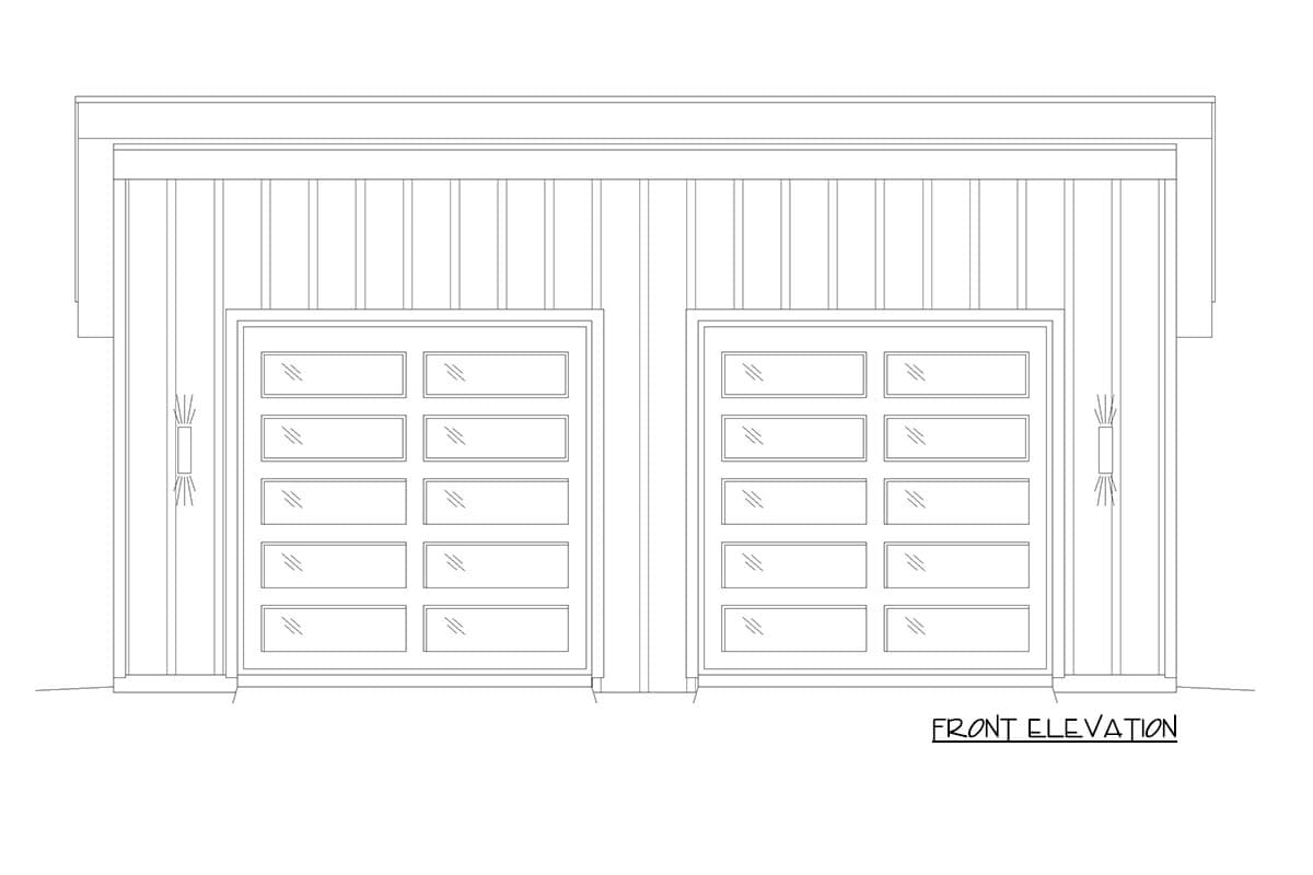 Front elevation drawing of a two-car garage with modern paneled doors featuring multiple glass inserts and vertical siding.