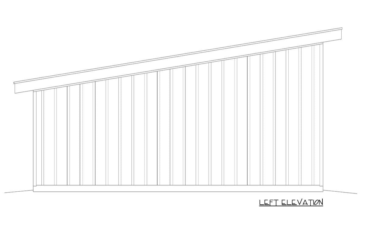 Left elevation drawing of a house plan with a shed roof and vertical siding.