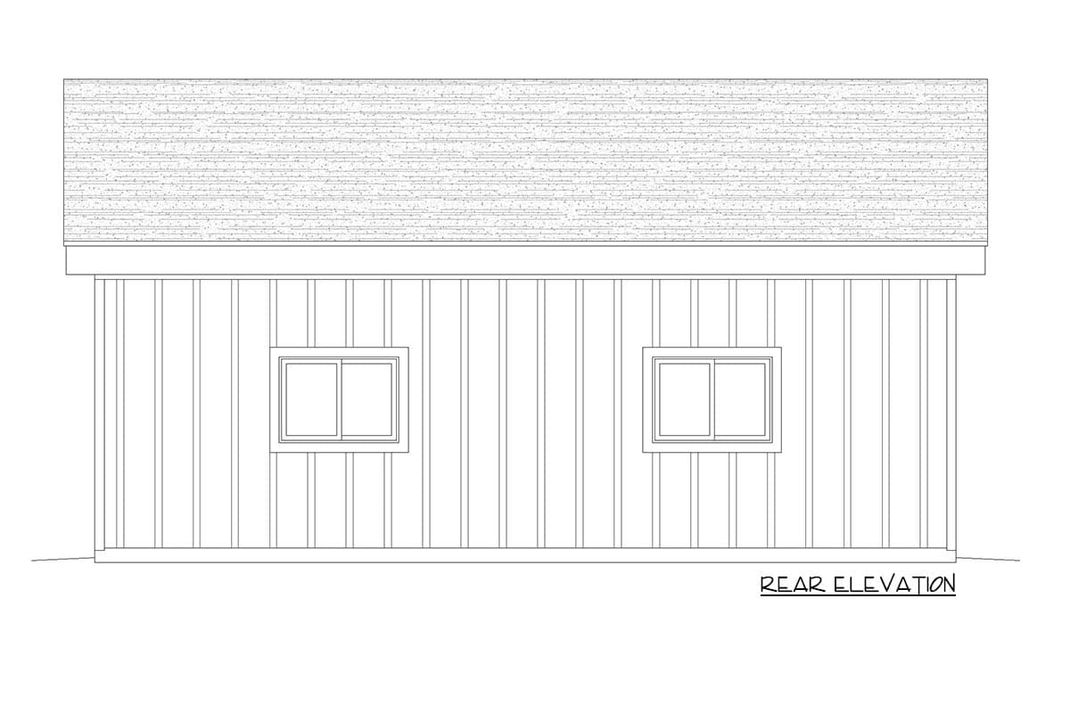 Rear elevation drawing showing vertical siding and two symmetrical windows.