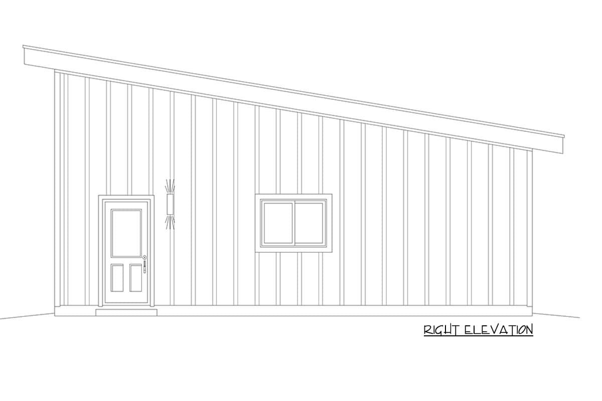 Right elevation drawing of a house plan featuring a single door, window, and shed roofline.