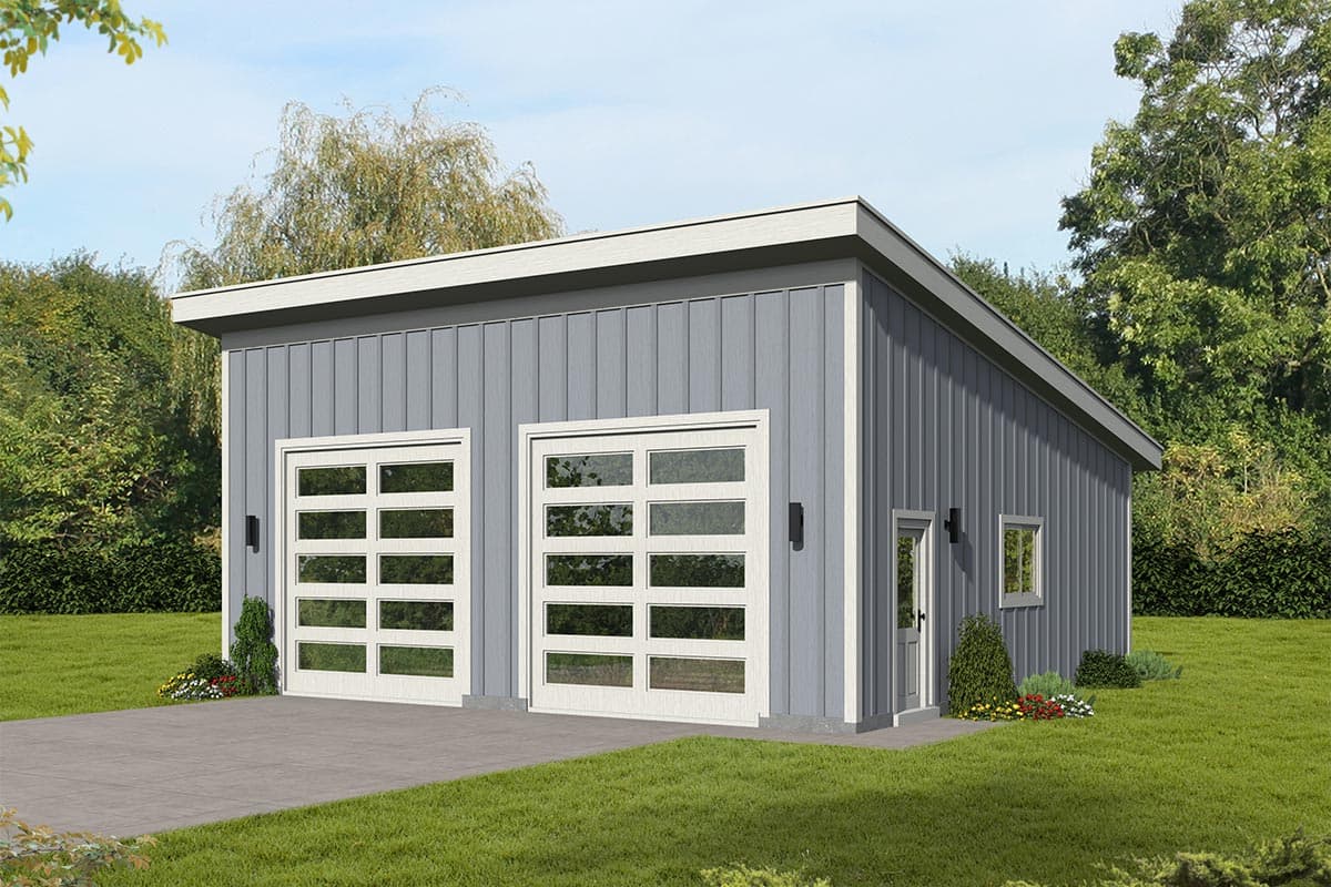 House plan exterior. Modern garage with two glass panel doors, a flat roof, vertical siding, and a small entry door with a window.
