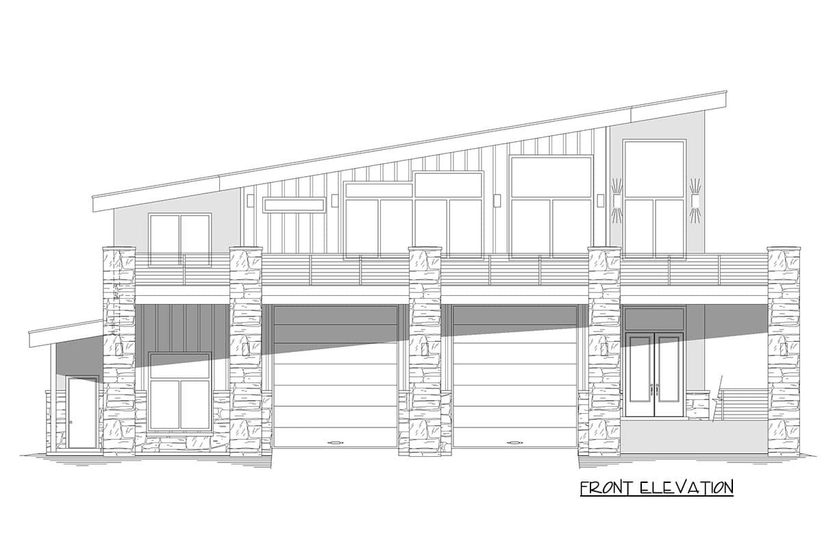 Front elevation drawing of a modern house plan with a sloped roof, three garage doors, stone accents, and a balcony.