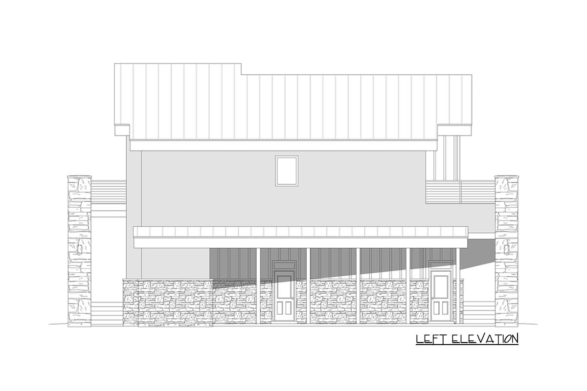 Left elevation house plan with stone base, covered porch, and metal roof.