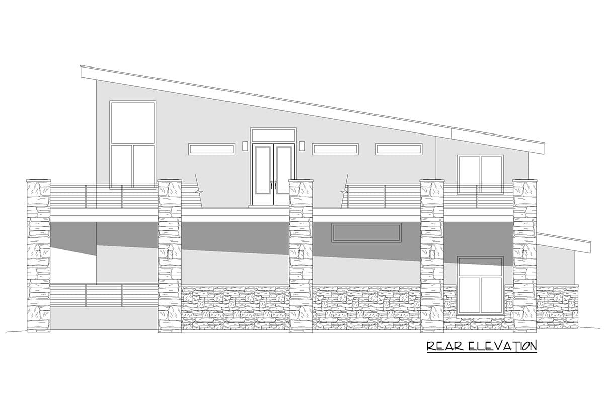 Rear elevation of a multi-level house plan with a steeply sloped roof, stone-clad base, and elevated deck.