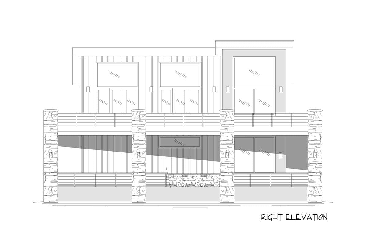 Right elevation drawing of a modern house plan featuring large windows, a balcony with stone pillars, and multi-level rooflines.
