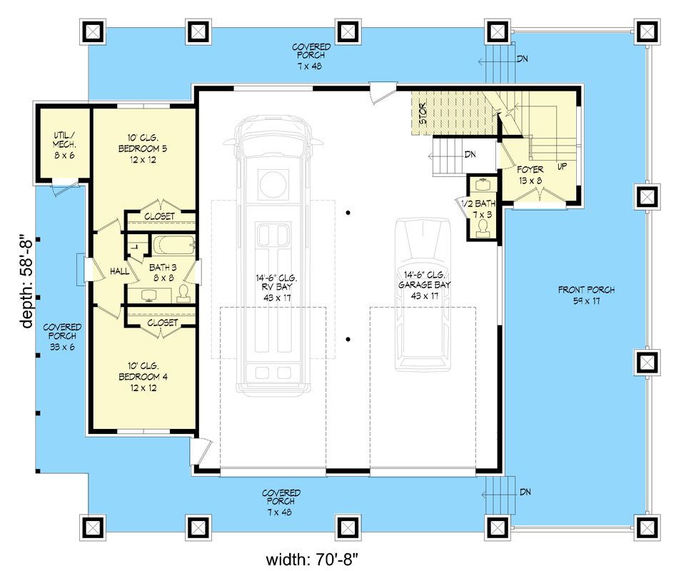 Plan 68839VR: Contemporary Home Plan with 2 RV Bays and 5 Bedrooms - Floor Plan - Main Level - Contemporary, Modern, Mountain, Northwest