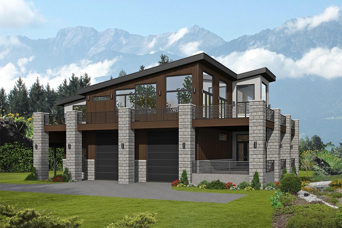 House plan exterior. Modern style, two-story home with a flat roof, balcony, and stone columns supporting the upper level.