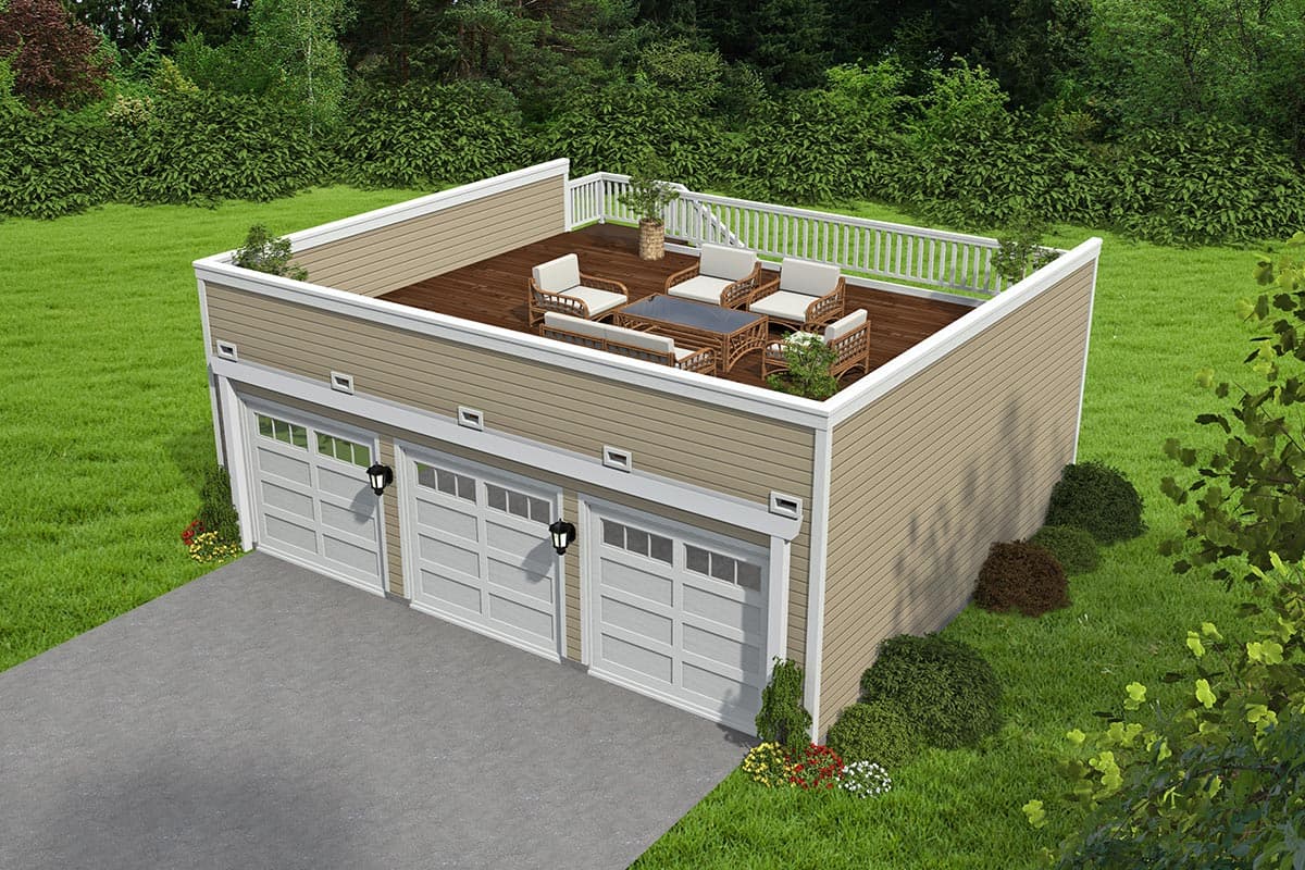 House plan exterior with three-car garage. Features a rooftop deck with seating and railing, horizontal siding, and a flat roof.