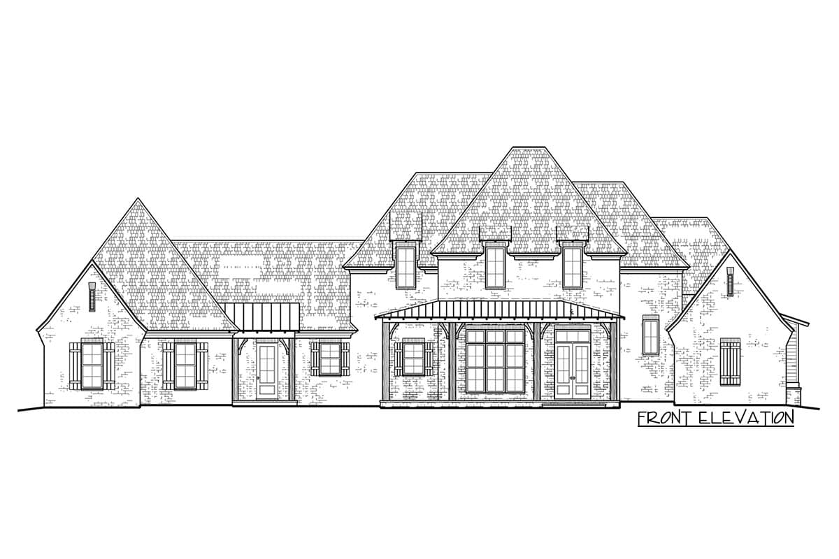 Front elevation drawing of a large house with multiple gables, dormers, awnings, and a covered porch.