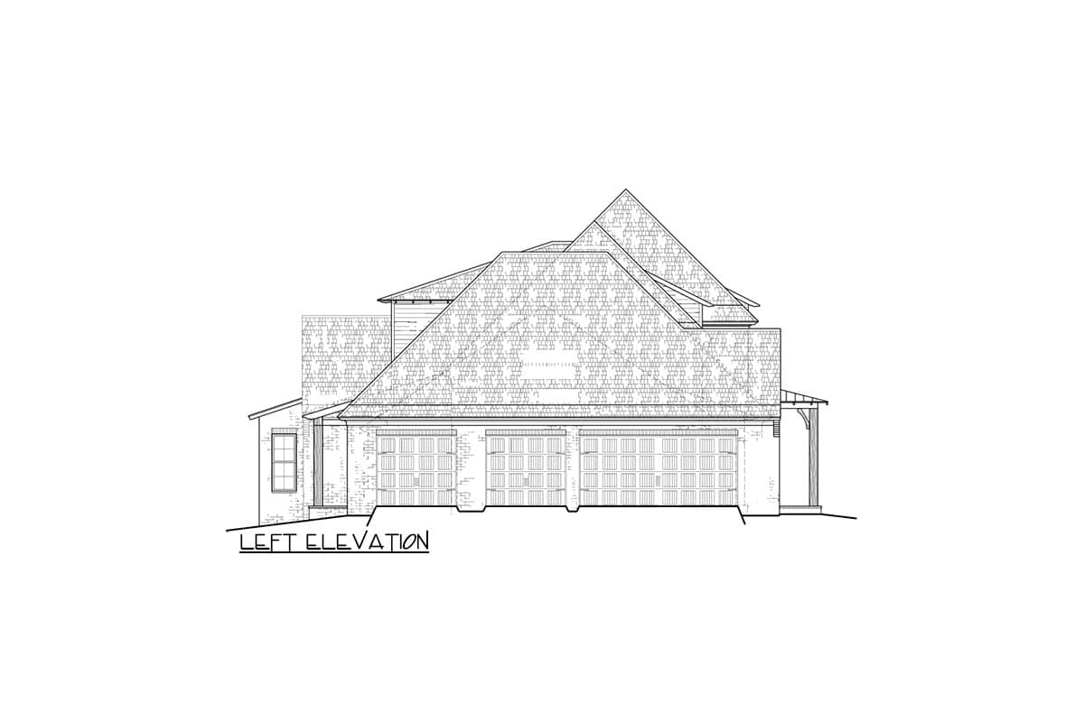 Left elevation drawing of a house plan with a multi-level roof and a three-car garage.