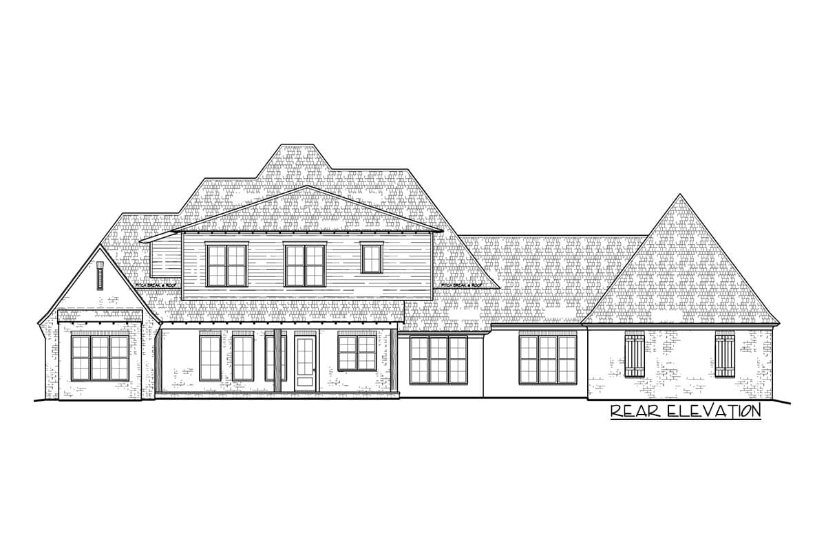 Rear elevation drawing of a two-story house plan with gabled rooflines, multiple dormers, and a covered porch.