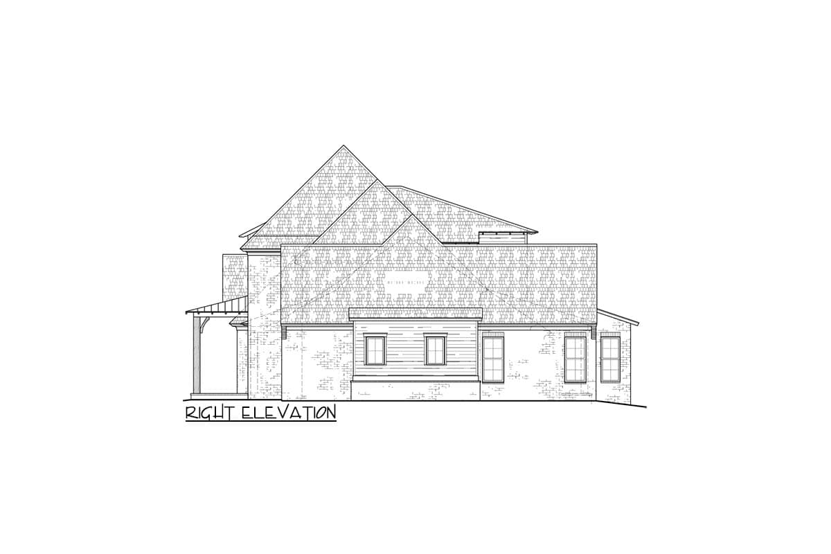 Right elevation of a house plan featuring multiple gables, brick facade, and covered porch.