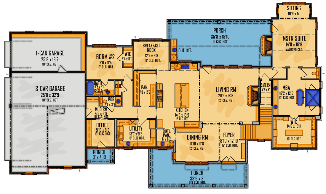 Plan 510212WDY: Two-story French Country Home Plan with Home Office and Children's Den - Floor Plan - Main Level - Acadian, Country, European, French Country, Louisiana-Style, Southern