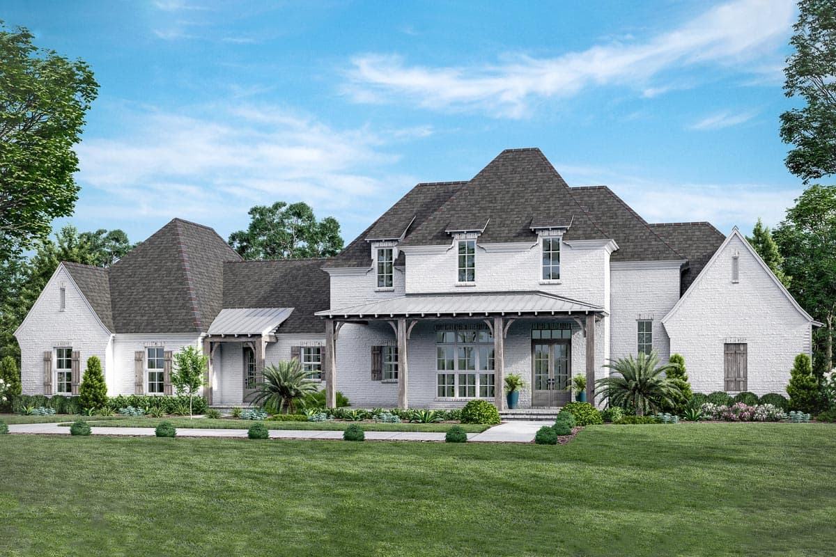 House plan exterior. Two-story, white brick, featuring gabled rooflines, dormers, a porch with timber posts, and shuttered windows.