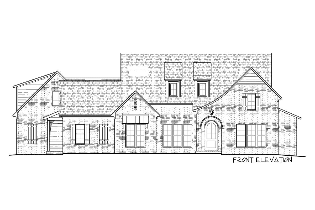 Front elevation of a brick house plan with multiple gables, dormers, and an arched entry.
