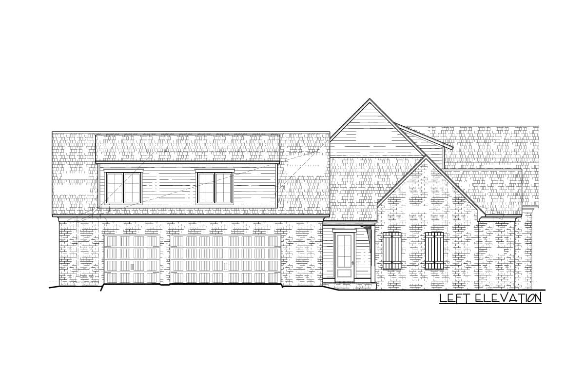 Left elevation house plan showing brick facade, two-car garage, dormer with two windows, and pitched rooflines.