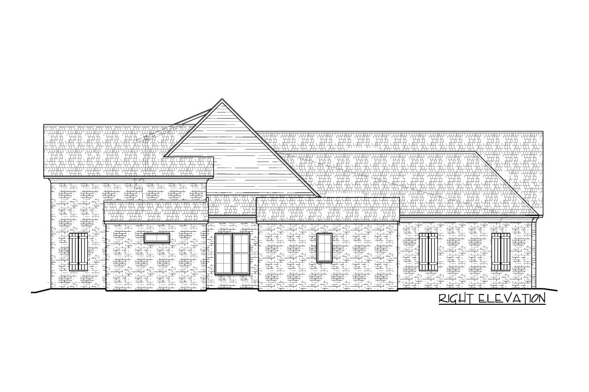Right elevation house plan drawing showing brick facade, varied rooflines, and multiple windows.