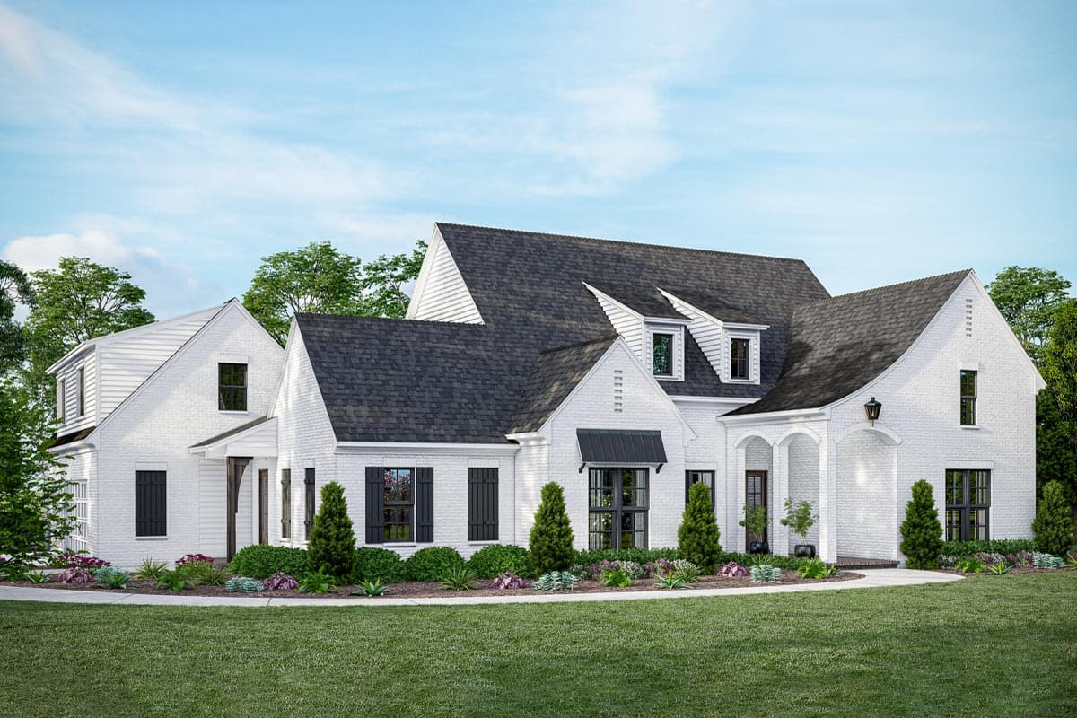 House plan exterior. Two-story Modern Farmhouse with gabled roof, dormers, arched entryway, and dark shutters on white brick.