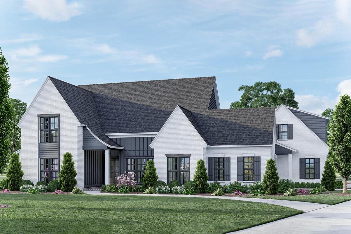 House plan exterior featuring a two-story farmhouse style with gables, a covered porch, and board-and-batten siding.