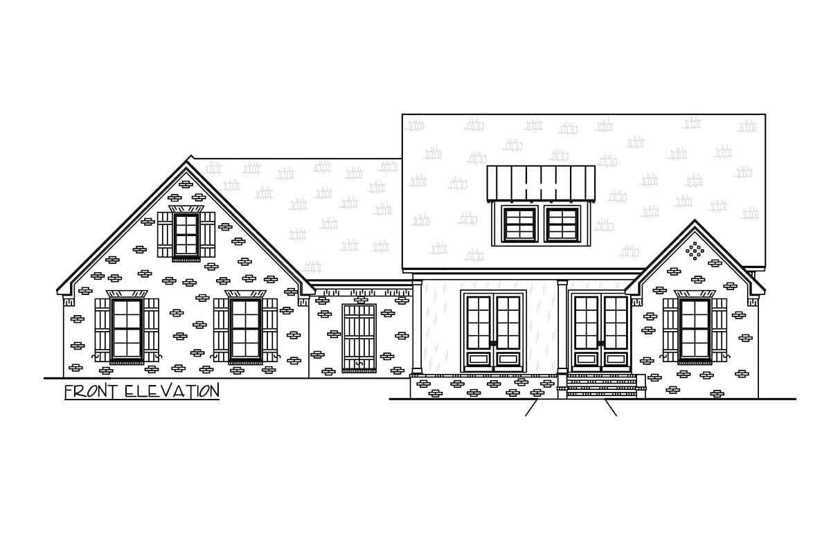Front elevation house plan drawing showing a brick exterior with gabled rooflines, covered porch, and multiple windows.