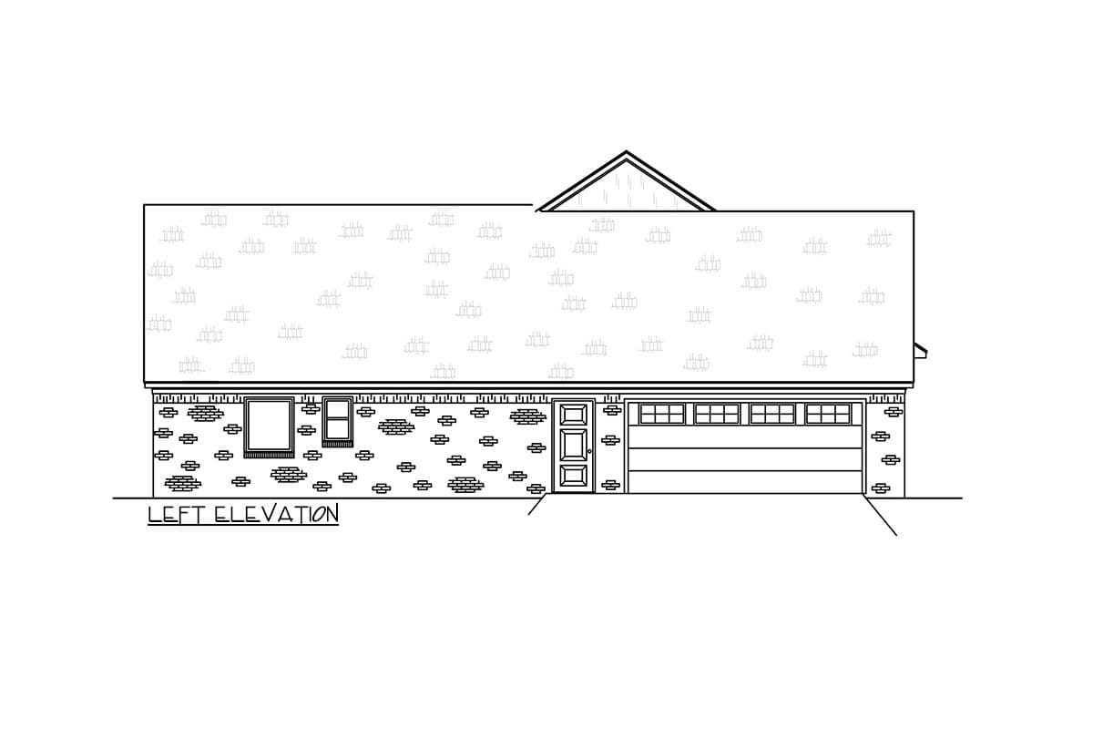 Left elevation of a house plan with a brick-clad base, two windows, a door, and a two-car garage.