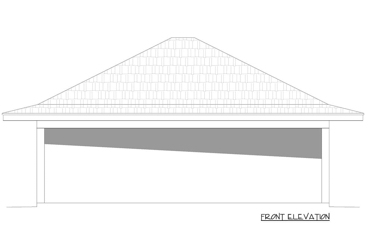 Front elevation drawing of a house with a hipped roof and projecting eave.