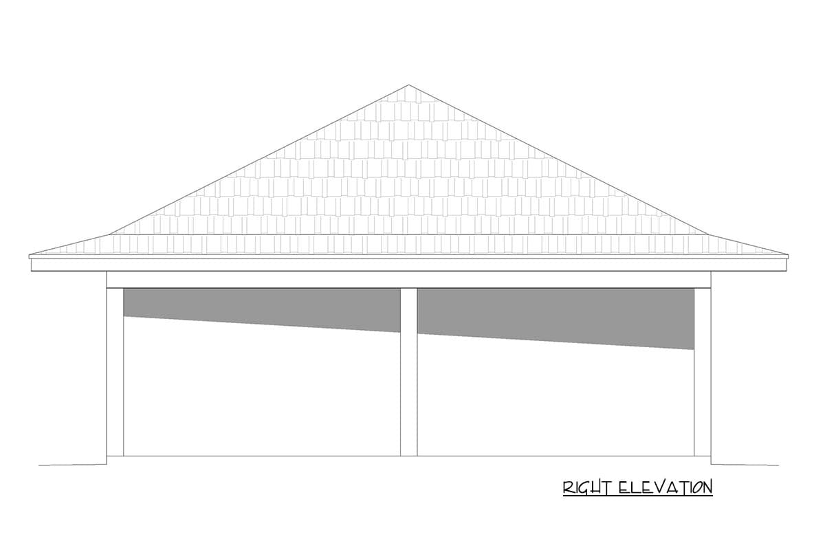Right elevation drawing of a house plan with a gabled roof and covered porch.